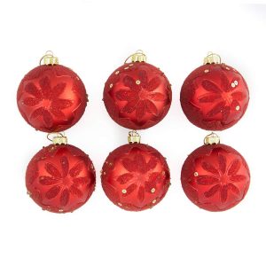 Red Embossed Baubles 8Cm 6Pk
